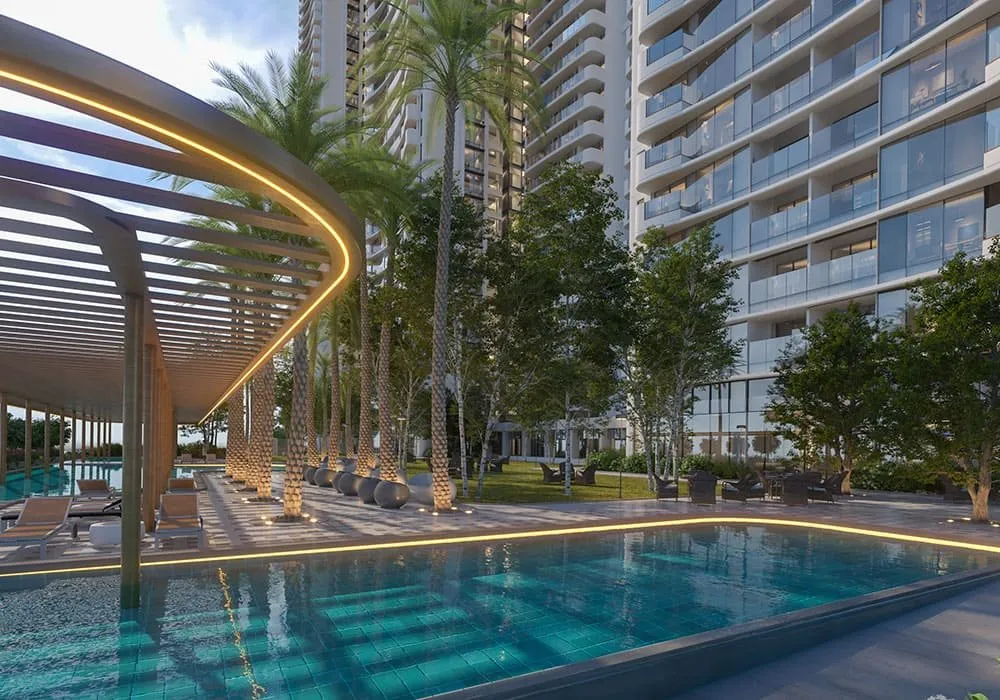 Three ICC Island City Center pool deck and residential towers at dusk, Dadar East Mumbai